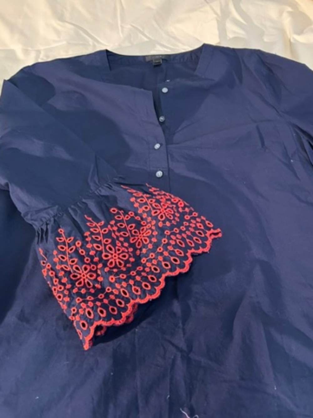 J. Crew Navy Tunic with Red Embroidered Bell Sleeve